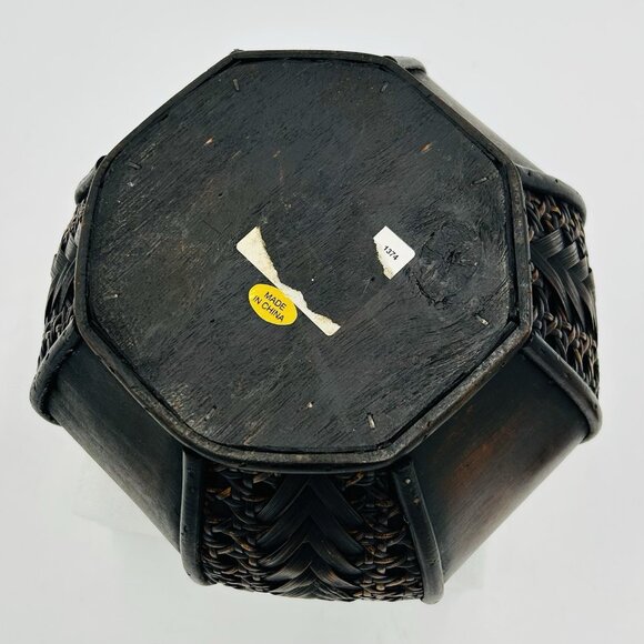 Vintage Chinese Woven Bamboo Wooden 8" Basket Box Trinket Stash Dark Brown w Lid - Picture 7 of 7